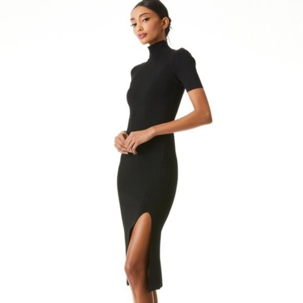 NWOT Alice and Olivia Kaylen black Mock Neck Side Slit Dress Size L